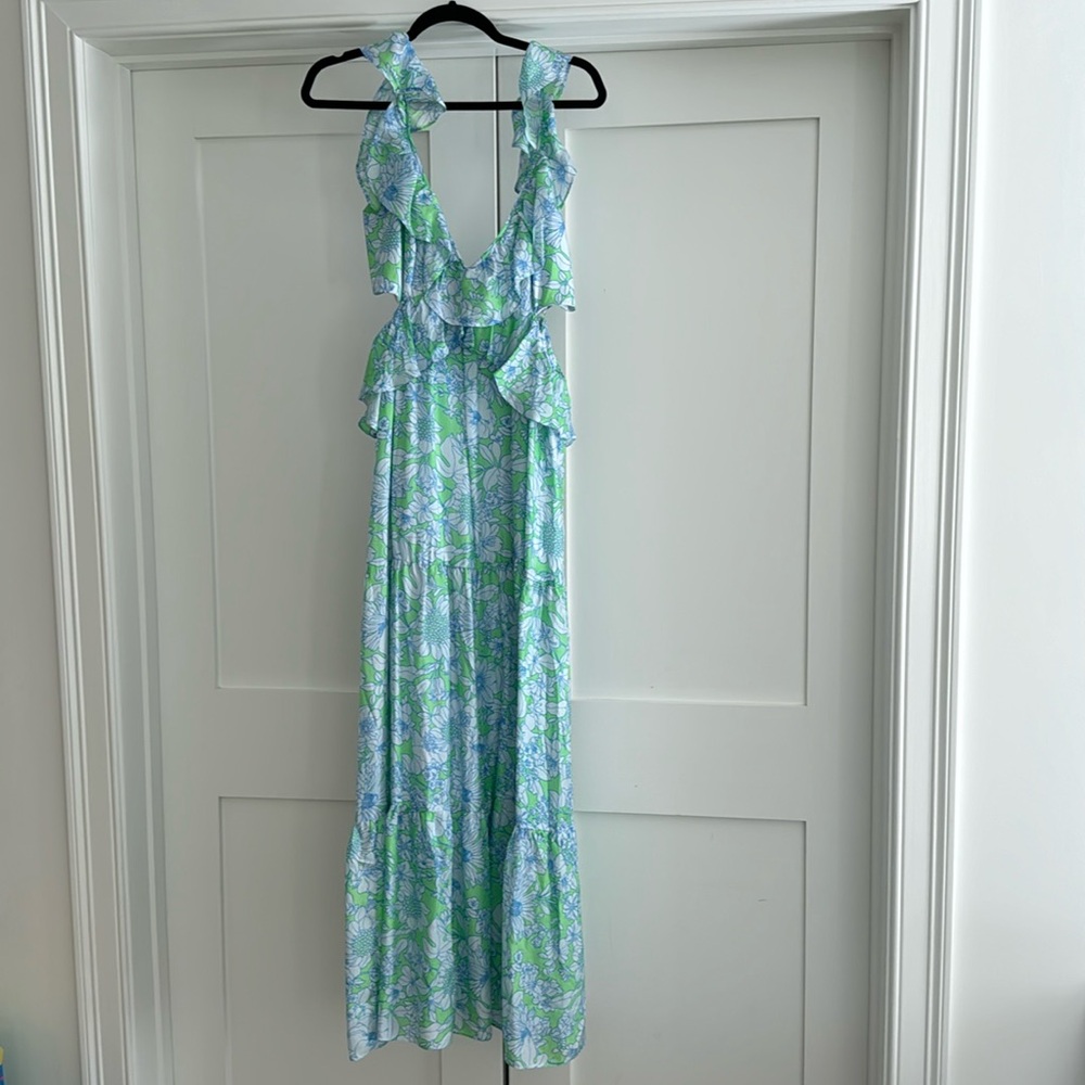 J. Crew Green & Light Blue Floral Ruffle Maxi Dress
